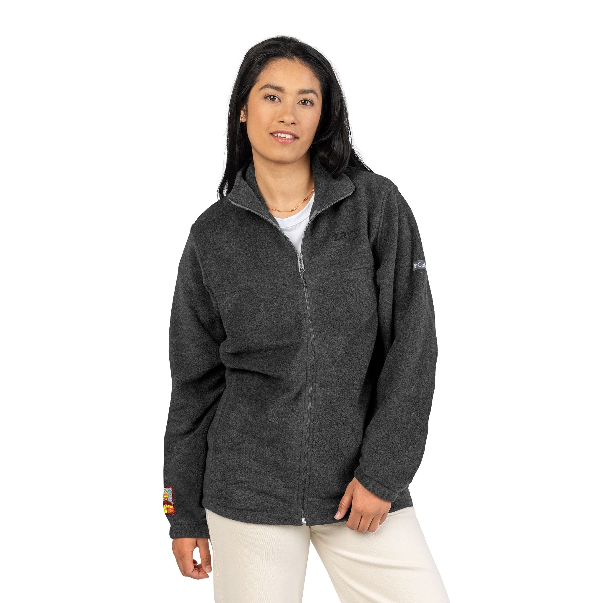 Embroidered Columbia Fleece Jacket — Minimal 'SAY?' Chest Patch, Cozy Outdoor Layer